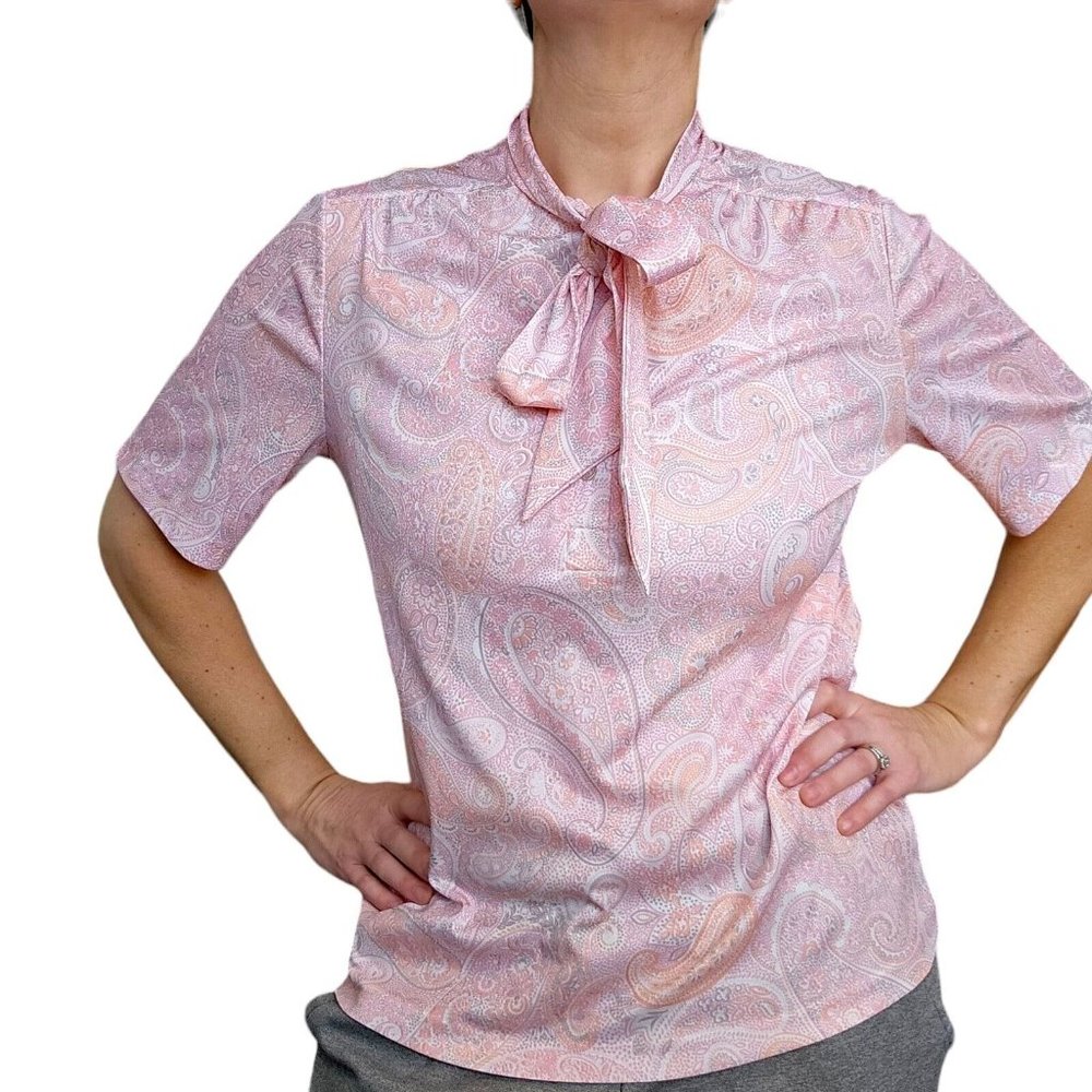 Vintage 60s 70s Pastel Pink Orange Paisley Blouse Pussybow M/L Stretchy Polyest